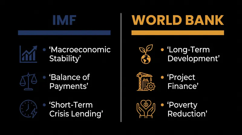 The distinct mandates of the Bretton Woods institutions.