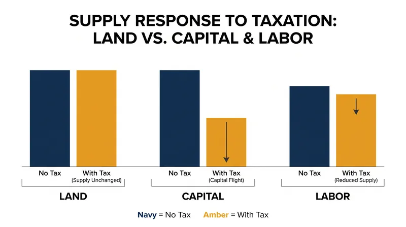 Because land cannot be moved or hidden, taxing it does not distort economic supply.