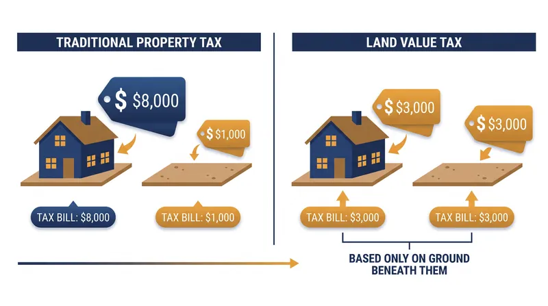Under a pure Land Value Tax, owners pay for the location's value, not the structures built upon it.