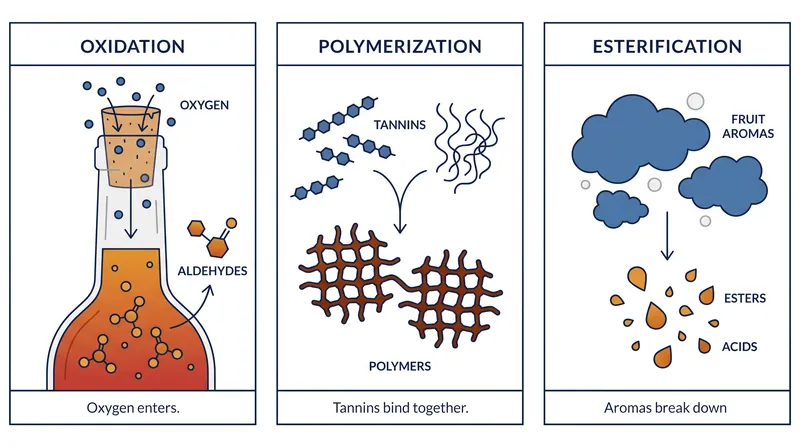 The three primary chemical mechanisms that drive a wine's evolution in the bottle.