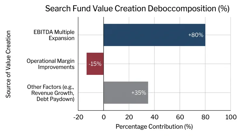 Academic research indicates that the vast majority of search fund value creation is driven by exit multiple expansion rather than operational margin improvements.