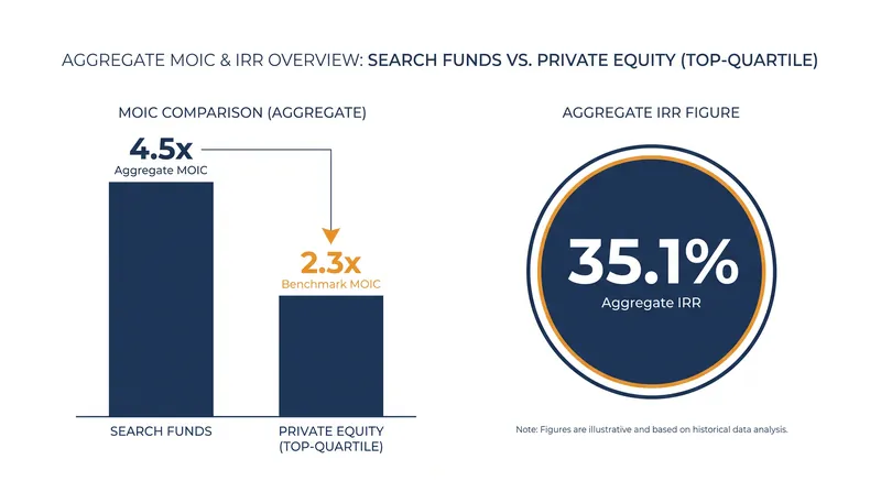 Search funds have historically delivered an aggregate Multiple on Invested Capital (MOIC) of 4.5x, significantly outpacing traditional private equity benchmarks.