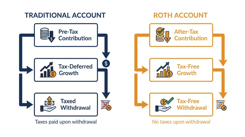The fundamental difference between Traditional and Roth accounts is whether taxes are paid upfront on the seed capital or in retirement on the harvest.