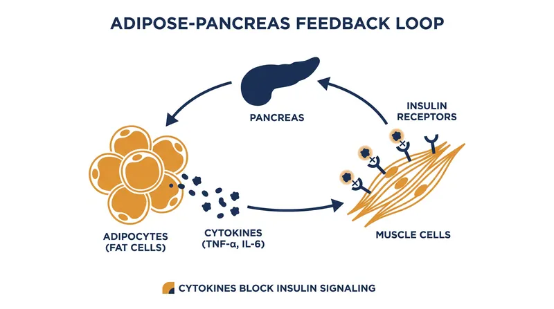 Adipose tissue acts as an endocrine organ, secreting inflammatory markers that actively block insulin signaling in other tissues.