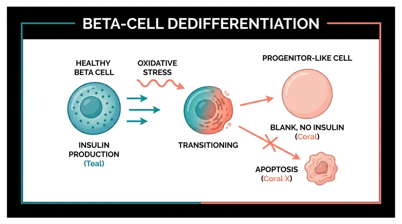 Under severe metabolic stress, beta cells do not immediately die; they revert to a primitive state to survive, losing their ability to make insulin.