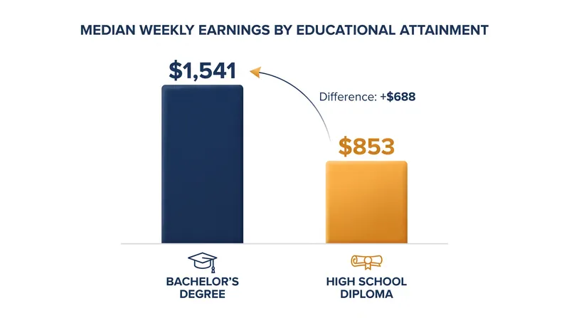 Median weekly earnings demonstrate a clear wage premium for bachelor's degree holders.