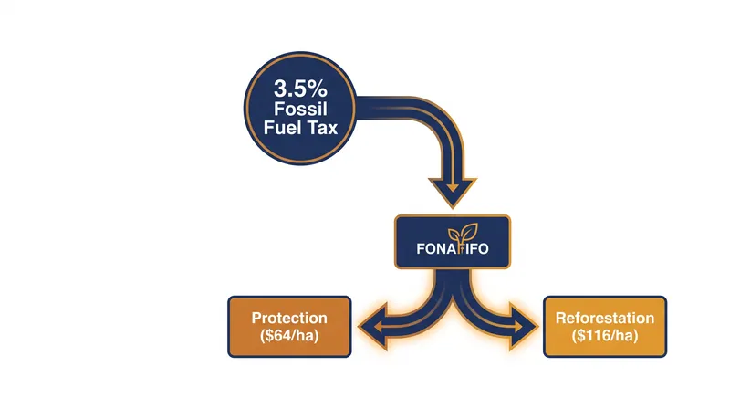 The financial mechanism routes fossil fuel tax revenue directly to landowners providing ecosystem services.