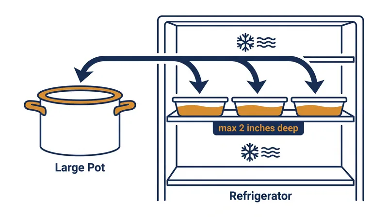 Dividing large batches of food into shallow containers ensures rapid cooling, minimizing time spent in the danger zone.