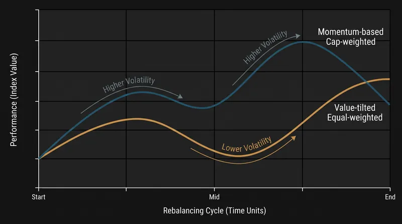 Equal-weighted funds often capture value during market recoveries, but can experience higher volatility during downturns.