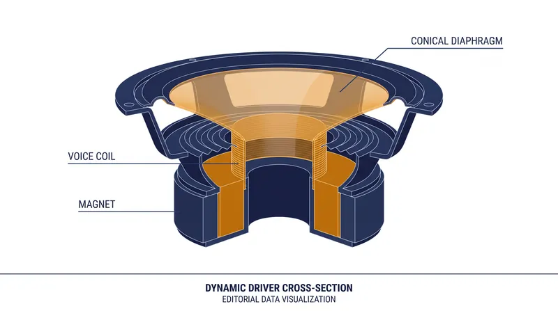 Dynamic drivers use a central voice coil to push and pull a stiff cone, moving large volumes of air.