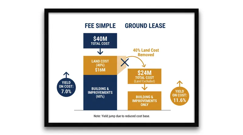 Removing land costs from the capital stack significantly boosts a developer's yield on cost.