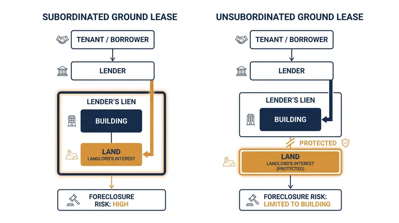 Unsubordinated ground leases protect the landowner's asset but make financing more complex for the developer.