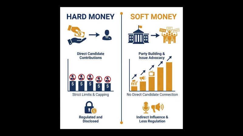 Hard money is heavily regulated and goes directly to candidates, while soft money is used for broader party-building and issue advocacy.