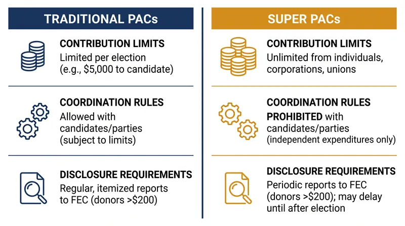 The primary difference between a traditional PAC and a Super PAC lies in contribution limits and the ability to coordinate directly with candidates.