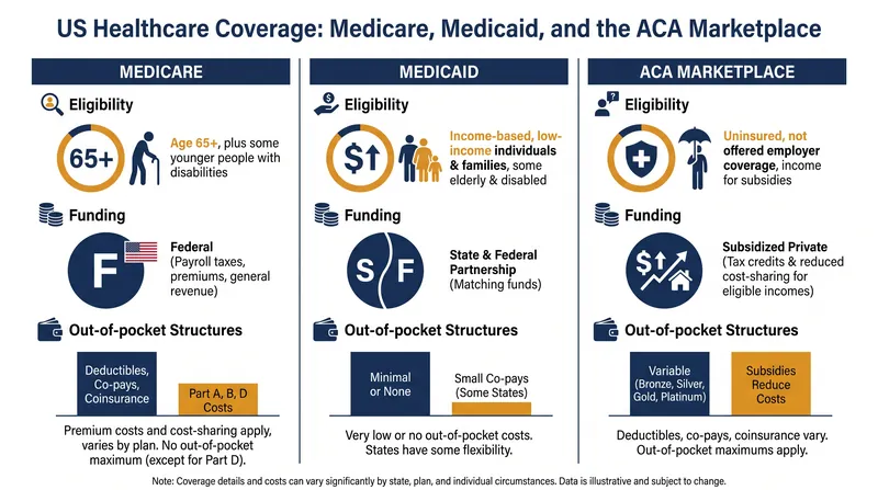 Structural comparison of the three primary federal healthcare pillars.