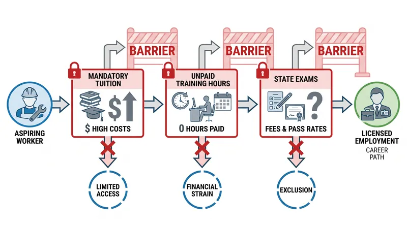 The upfront costs of licensure often act as a regressive barrier to entry for lower-income workers.