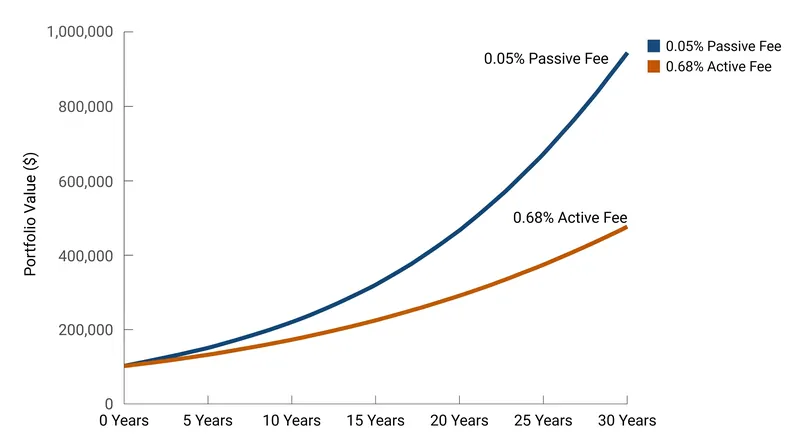 Over decades, the seemingly small difference in annual fees creates a massive divergence in final wealth accumulation.