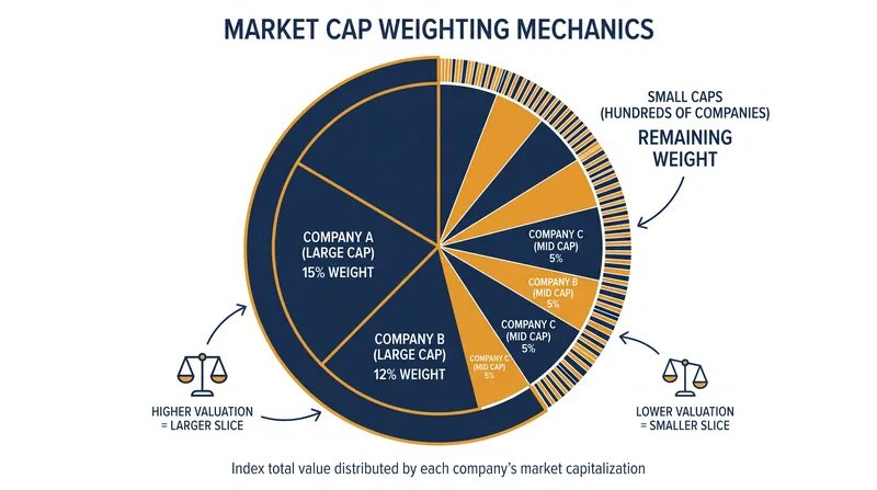 In a market-cap-weighted fund, your investment is distributed proportionally based on each company's total size.