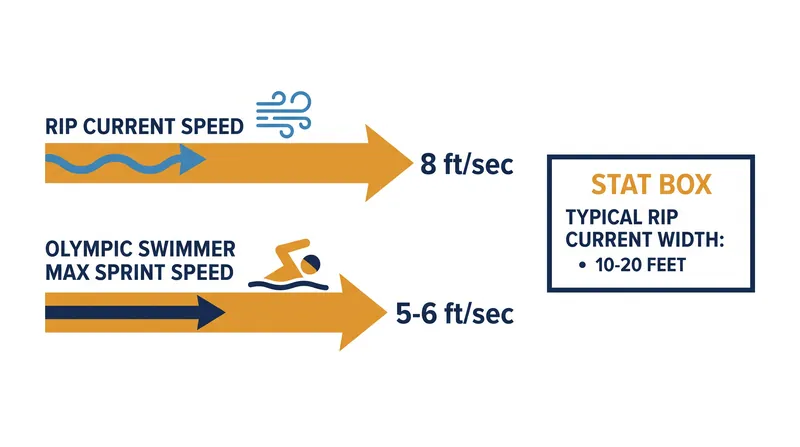 Even elite swimmers cannot outpace a strong rip current, making lateral escape the only viable option.