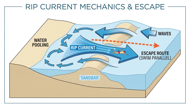 Water seeks the path of least resistance, funneling through breaks in sandbars to return to the ocean.