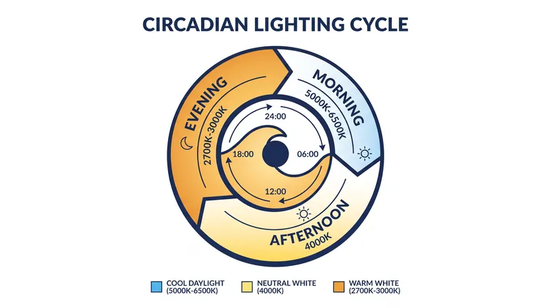 The optimal color temperatures for interior lighting throughout a 24-hour cycle.