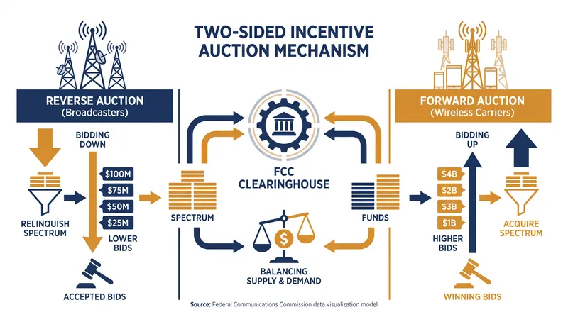 The FCC's two-sided auction required wireless carriers to generate enough revenue to buy out willing broadcasters.