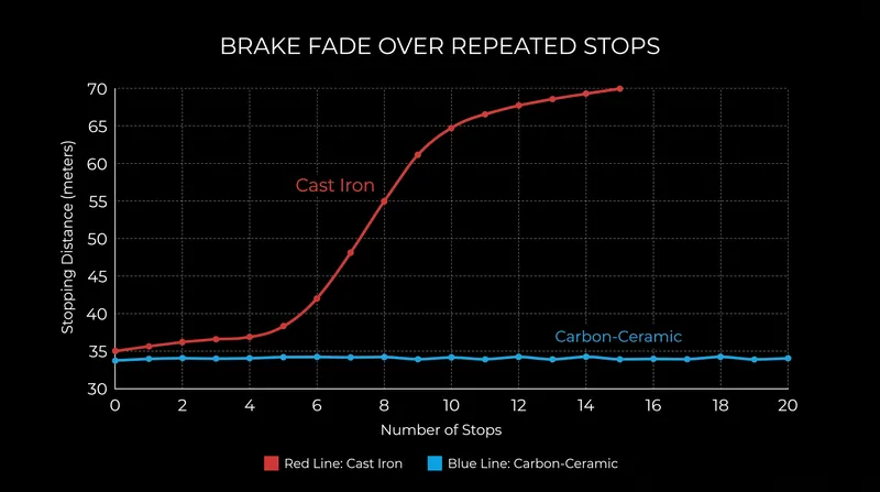 While iron rotors lose efficiency as they overheat, carbon-ceramic systems maintain a consistent coefficient of friction.