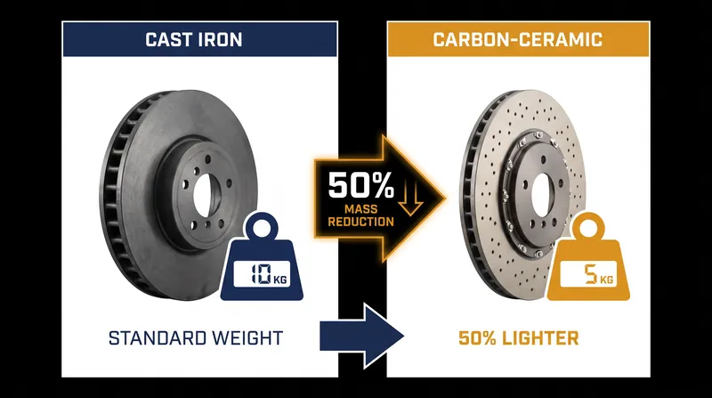 Carbon-ceramic rotors typically weigh half as much as their cast-iron counterparts, significantly reducing unsprung mass.