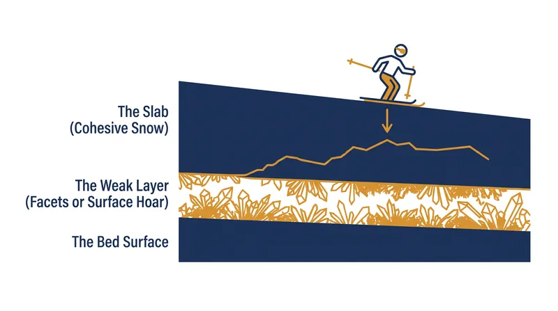 Dry slab avalanches occur when a cohesive slab of snow rests upon a fragile weak layer that collapses under stress.