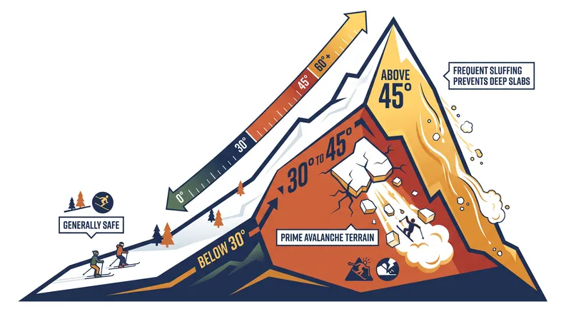 The critical threshold for avalanche formation lies between 30 and 45 degrees, where gravity overcomes friction but slopes are not steep enough to constantly shed snow.