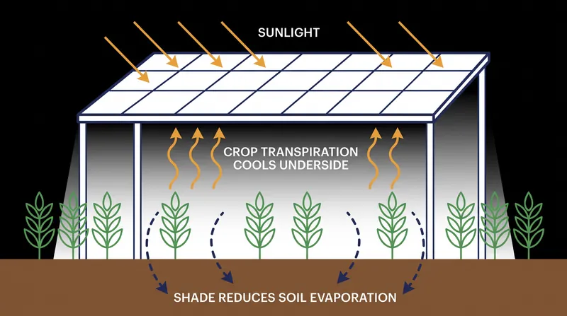 The symbiotic relationship between solar panels and crops creates a microclimate that reduces evaporation and cools the photovoltaic cells.