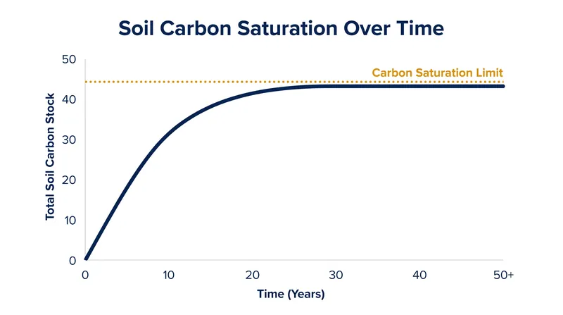 Soil carbon accumulation naturally plateaus as the soil reaches its physical saturation limit.