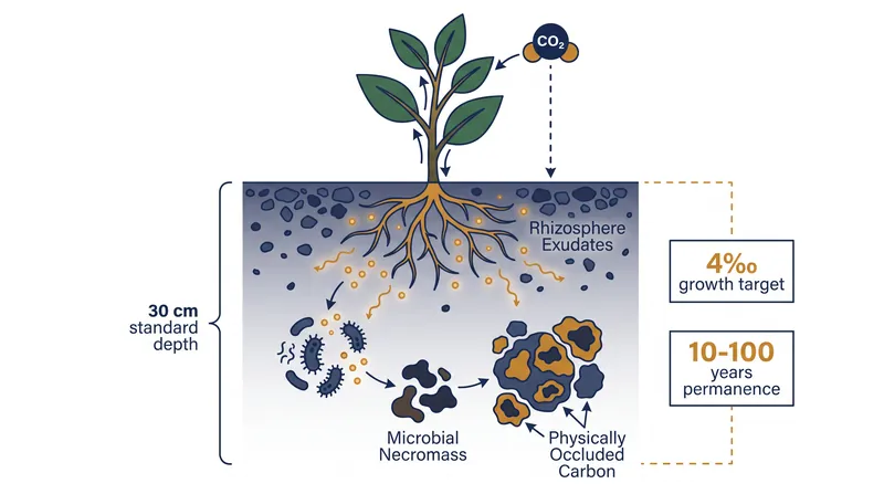 The biological pathway from atmospheric carbon dioxide to stable soil organic carbon.