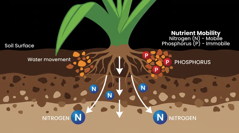 Nitrogen is highly mobile and leaches easily, while phosphorus binds tightly to soil minerals.