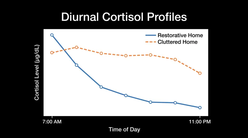 Residents who describe their homes as cluttered exhibit flattened cortisol profiles, indicating chronic, low-grade stress.