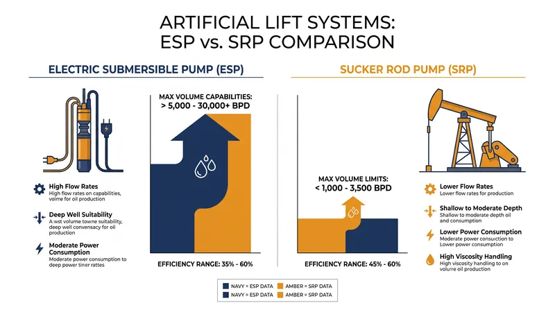 Electric Submersible Pumps offer massive volume, while Sucker Rod Pumps provide higher mechanical efficiency.