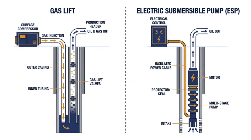 Gas lift aerates the fluid column to reduce density, whereas ESPs use centrifugal force to drive fluid to the surface.
