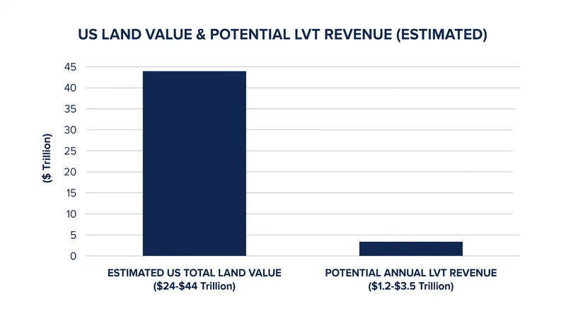 Estimated total land value in the United States and the potential annual revenue yield of a 5-8% capitalization rate.