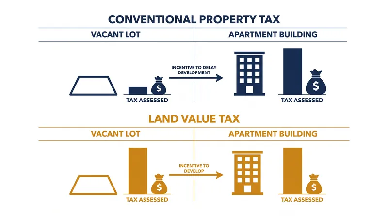 How a Land Value Tax shifts the financial burden from productive development to speculative land hoarding.