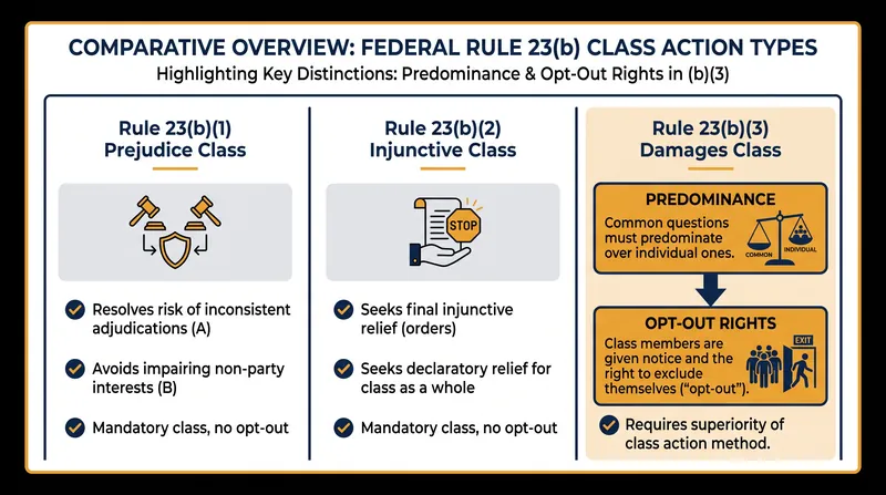 Once the prerequisites are met, a class must fit into one of three distinct categories under Rule 23(b).