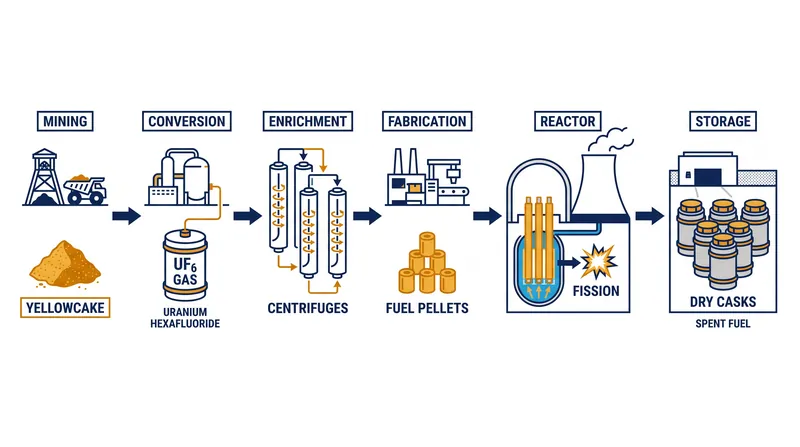 The "front end" of the fuel cycle prepares raw uranium for the reactor, while the "back end" manages the spent fuel.