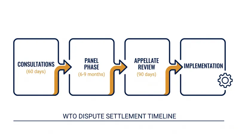The formal timeline of the WTO Dispute Settlement Understanding, designed to resolve conflicts within 15 months.