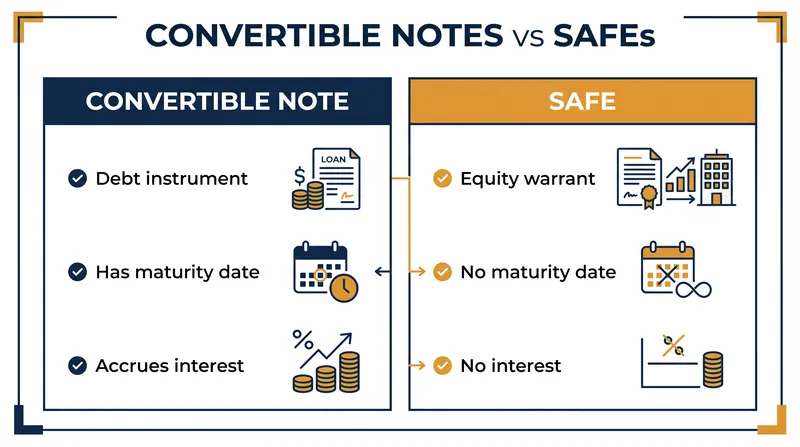 Key structural differences between Convertible Notes and SAFEs.