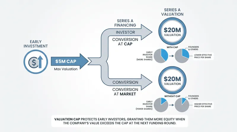 Valuation caps protect early investors by guaranteeing a maximum conversion price, regardless of future growth.