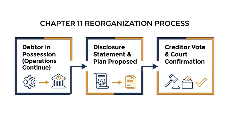 Chapter 11 allows businesses to maintain operations while negotiating a court-approved reorganization plan.