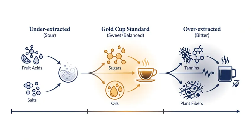 Coffee compounds dissolve in a predictable sequence, requiring brewers to stop the process before bitter tannins take over.
