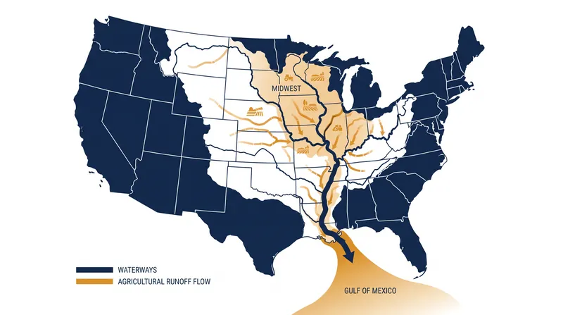 The Mississippi River basin funnels runoff from roughly 40 percent of the continental United States into the Gulf of Mexico.