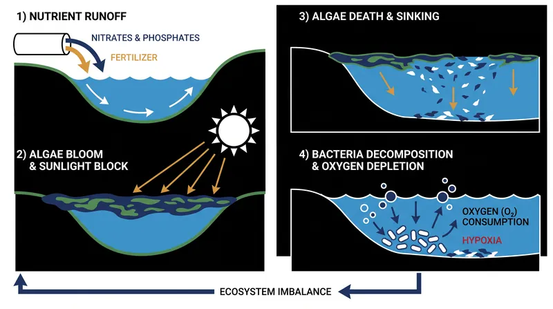 The biological cascade of eutrophication transforms nutrient runoff into oxygen-depleted dead zones.
