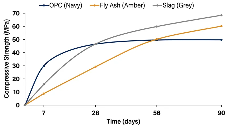 While straight Portland cement gains strength rapidly, SCMs like fly ash and slag achieve higher ultimate strength over a 90-day curing period.