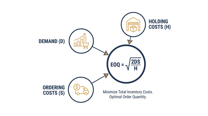 The Economic Order Quantity formula balances ordering costs against holding costs.